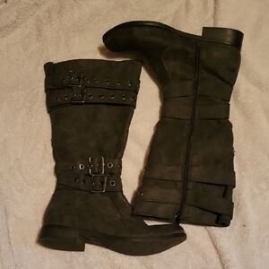 Gray Calf-High Buckle Boots